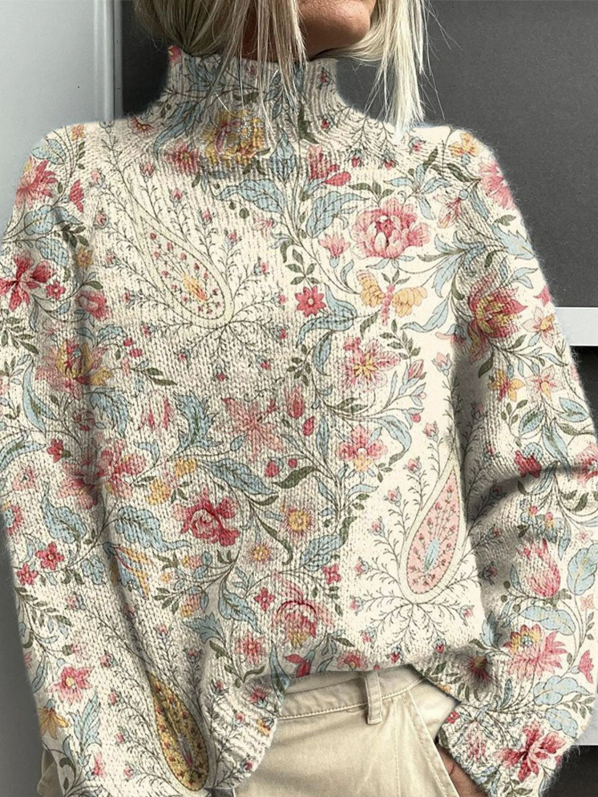 Vintage Paisley Floral Knit Turtleneck